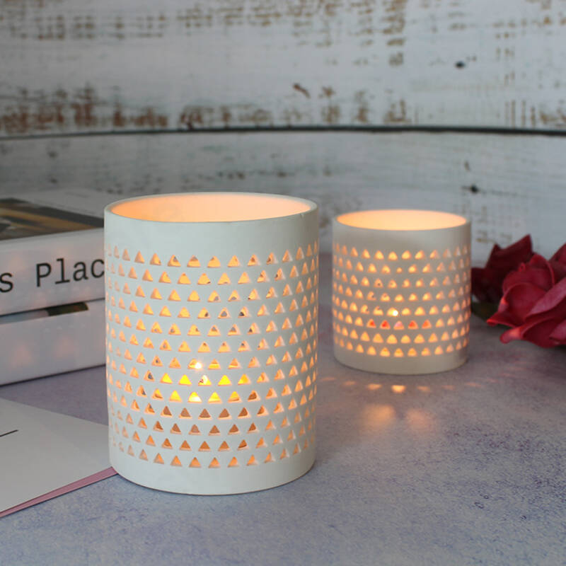 White Pierced Flower Pattern Cylinder Shape Tea Light Candle Ceramic Holder